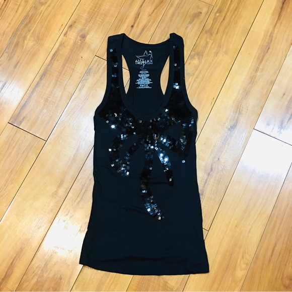 Tank top shirt blouse black sequin bling bow small summer sleeveless - Picture 2 of 4